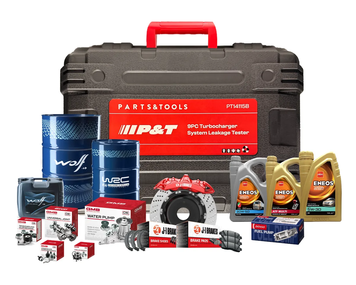 A P&T tool case with Wolf and Eneos engine oil, J-1 brake parts, GMB and Denso parts in front of it
